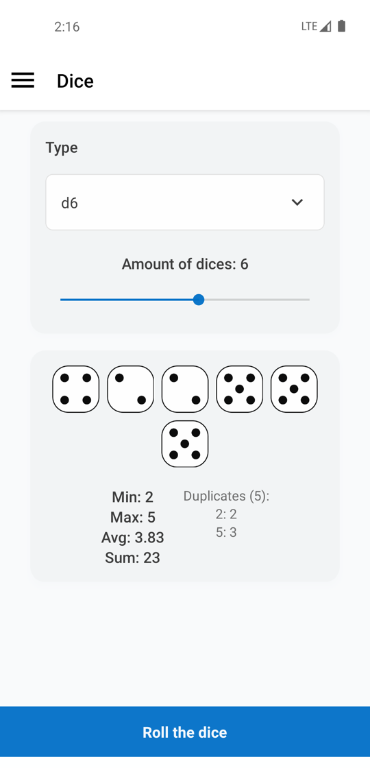 Dice roller for D4 D6 D8 D10 D12 D20 D100 with statistics and multiple dice