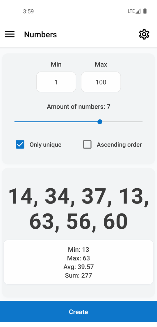 Random number generator app showing custom range, unique results, and statistics