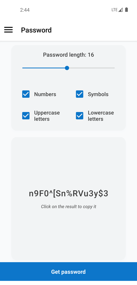 Offline random password generator with length, symbols, and one-tap copy